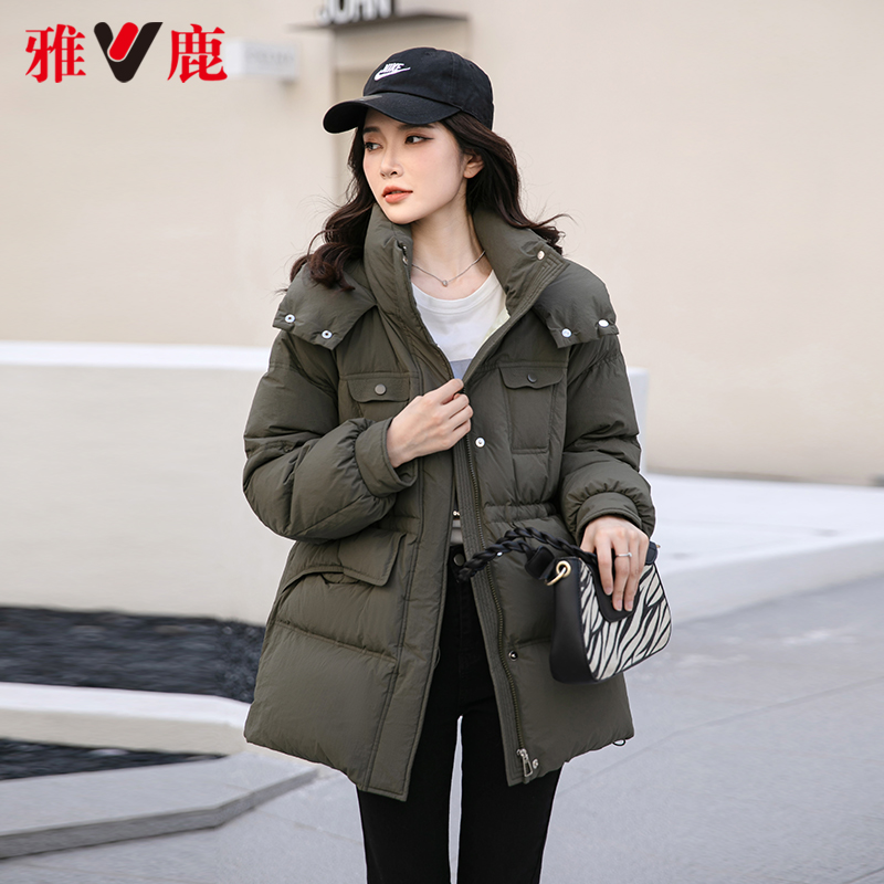 雅鹿中长款羽绒服女2024冬季新款时尚收腰显瘦加厚鸭绒连帽外套