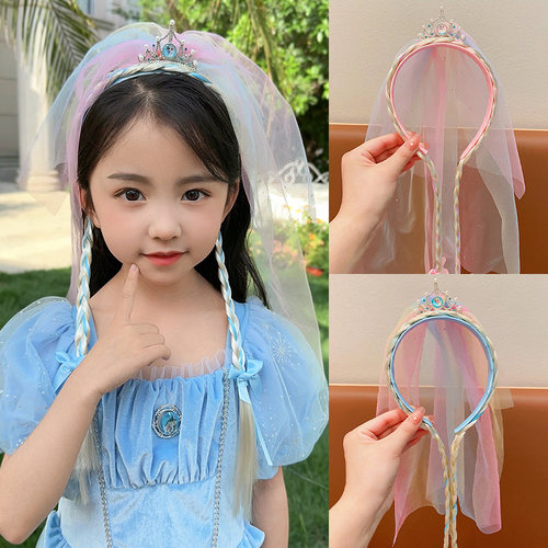 艾莎公主皇冠头饰发箍宝宝假发辫发卡发饰女童头纱头箍宝宝不勒头 - 图3