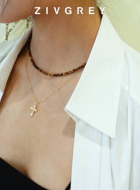 ZIVGREY虎眼石十字架双层项链