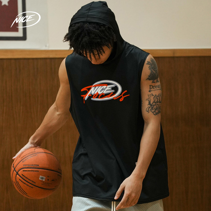NICEID NICE连帽篮球背心投篮服热身训练服透气运动宽松无袖上衣 - 图2