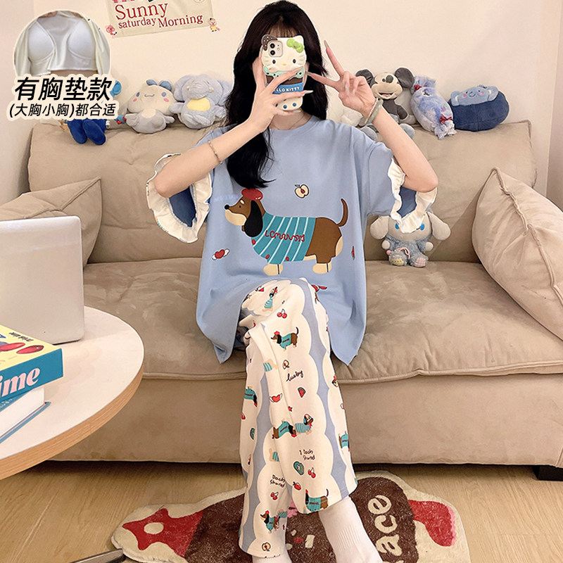 卡通KT猫睡衣女款夏带胸垫短袖长裤薄款纯棉2025年新款套装可外穿,淘宝优惠券,粉丝福利购,淘宝优惠卷