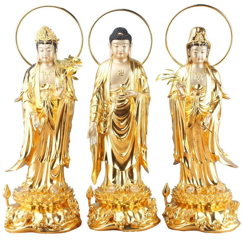 贺玉吉西方三圣摆件纯铜贴金佛像 贺玉吉摆件