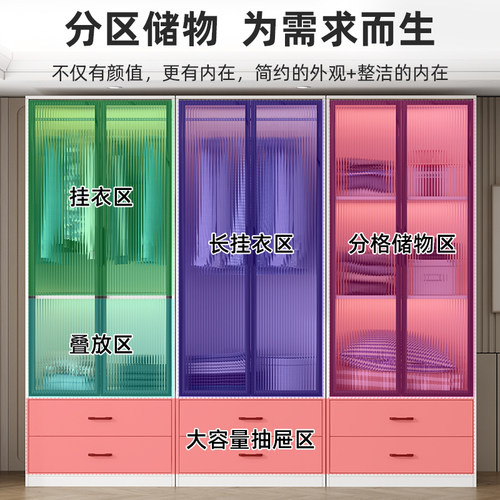衣柜家用卧室小户型长虹玻璃实木收纳柜子儿童出租房定制轻奢衣橱 - 图0