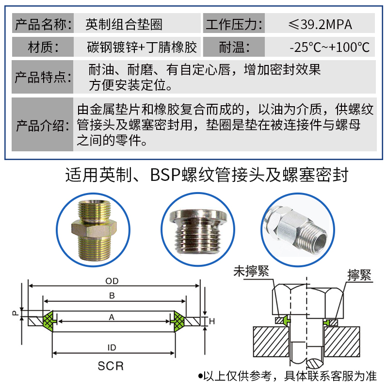 富密组合垫圈自定心英制耐油BSP镀锌螺纹管接头螺纹密封组合垫圈