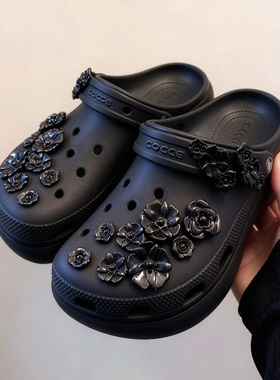 MKOP洞洞鞋配饰高级感鞋扣配件黑色玫瑰立体鞋花适配Cross/Crocs