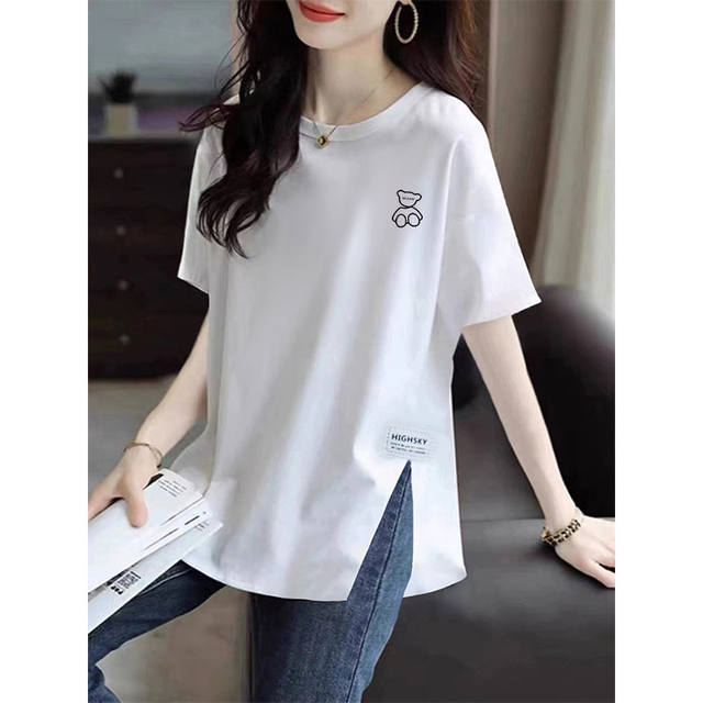 Summer pure cotton white slit short-sleeved T-shirt for women, fashionable Korean style loose slimming printed out top
