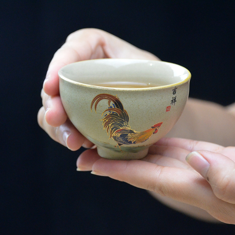粗陶仿古鸡缸杯品茗杯斗彩鸡公杯喝茶主人杯个人单杯茶杯茶碗茶盏