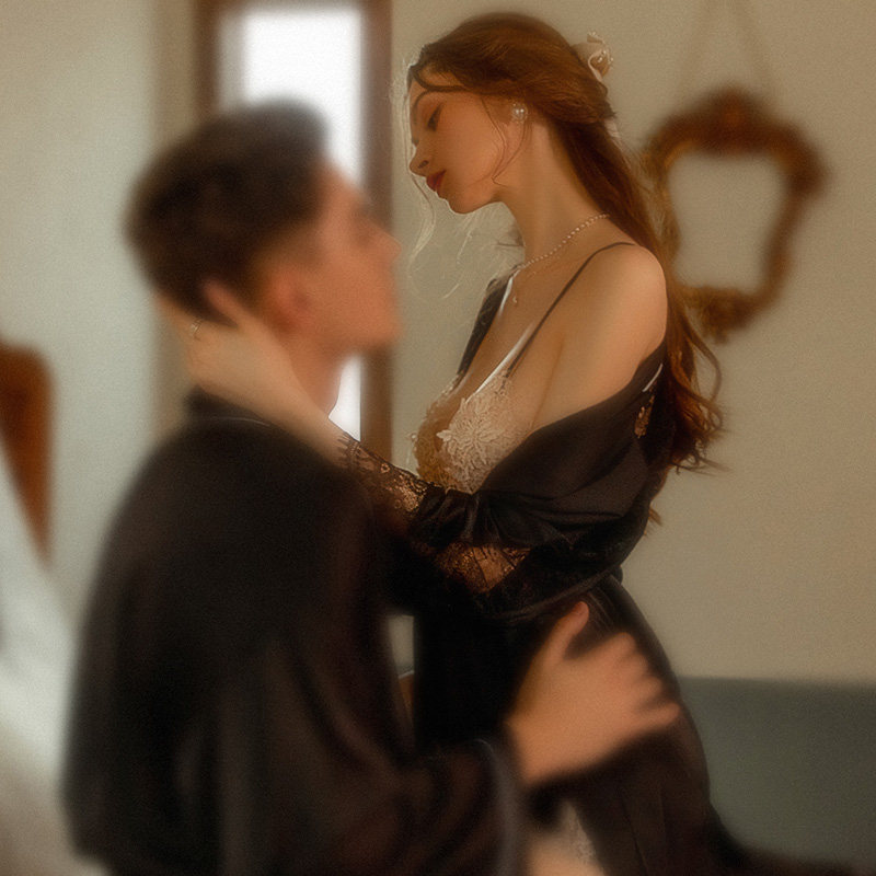 夏何夕情侣性感夏款冰丝蕾丝男睡裙 夏何夕睡衣/家居服套装