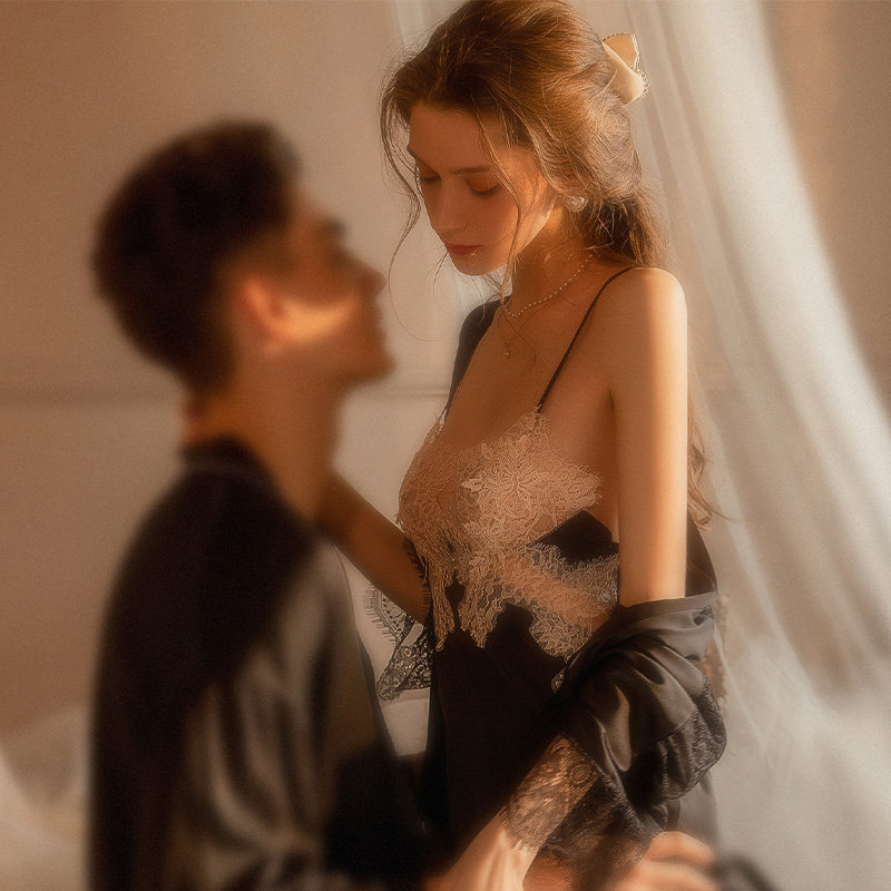 夏何夕情侣性感夏款冰丝蕾丝男睡裙 夏何夕睡衣/家居服套装