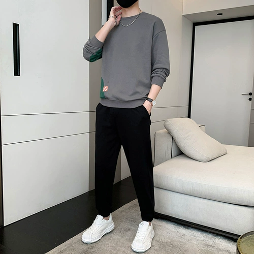 Демисезонный брендовый спортивный костюм, лонгслив, толстовка, комплект, свободный крой, круглый воротник