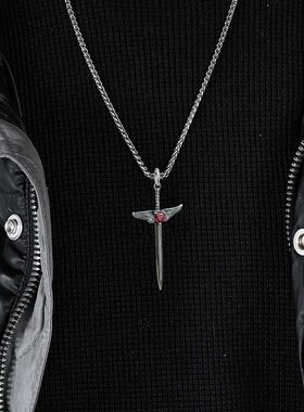 男女复古钛钢天使翅膀十字剑项链