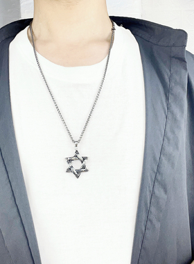 嘻哈男钛钢复古裂纹大卫之星项链