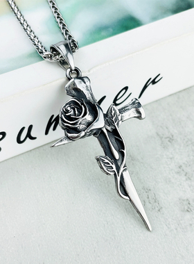 男女钛钢嘻哈玫瑰钉子十字架项链