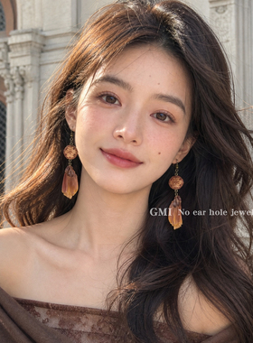 天然植物果壳耳夹无耳洞女民族风长款耳环小众适合方圆脸戴的耳饰