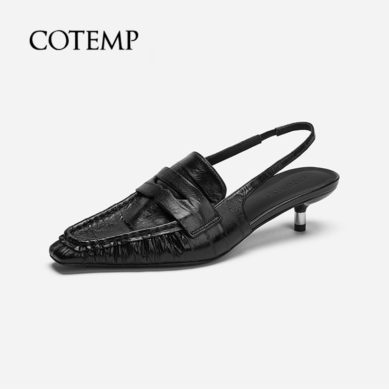 COTEMP V Loafer黑色鳗鱼皮乐福鞋平底通勤凉鞋复古绑带小猫跟-图0