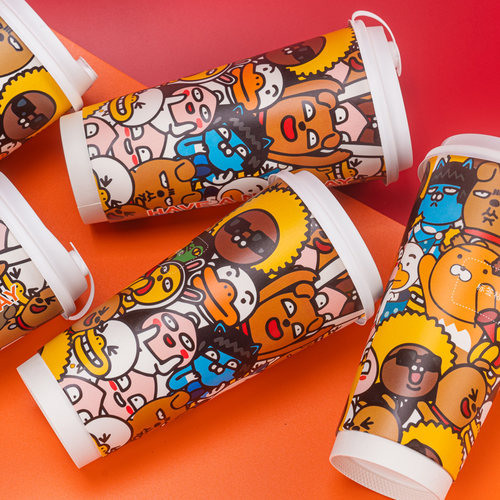 一次性卡通咖啡奶茶纸杯防烫双层冷热饮隔热中空杯包邮定制带盖厚 - 图2