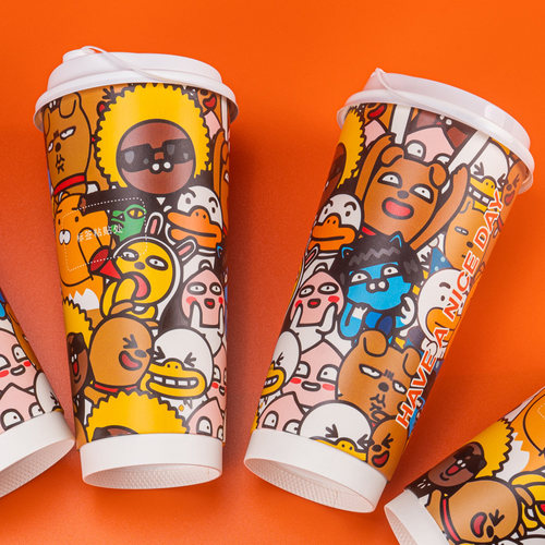 一次性卡通咖啡奶茶纸杯防烫双层冷热饮隔热中空杯包邮定制带盖厚 - 图0