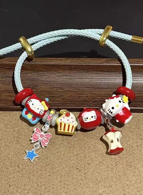 Kitty卡通KT猫苹果滴油串珠diy手镯红色多巴胺手链学生小众设计感