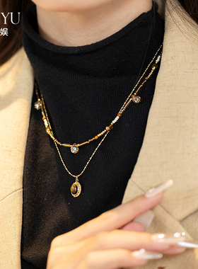 美拉德虎眼石卫衣链双层叠戴项链