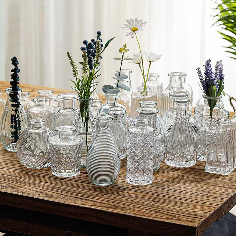 法式复古浮雕玻璃迷你小花瓶ins风透明水培插花花瓶桌面装饰摆件 - 图0