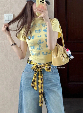 美式黄色格子长条丝巾腰带