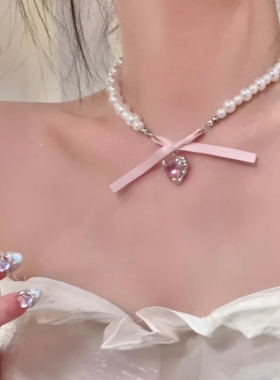 甜美爱心蝴蝶结珍珠项链女