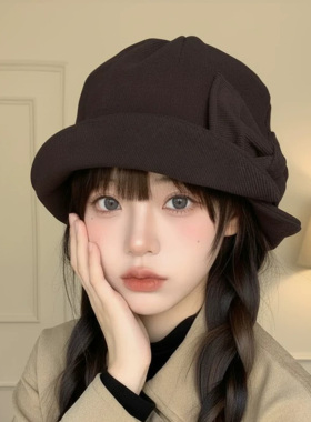 复古蝴蝶结灯芯绒渔夫帽子女款