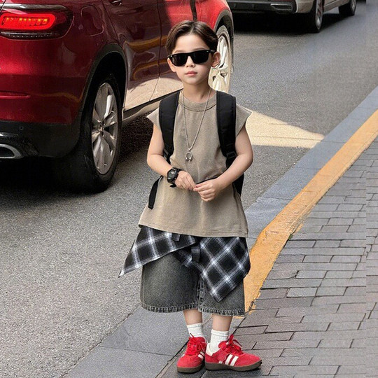 儿童潮酷格子屁帘新款男童叠穿搭配裤子腰带女童系腰爵士舞裙配饰