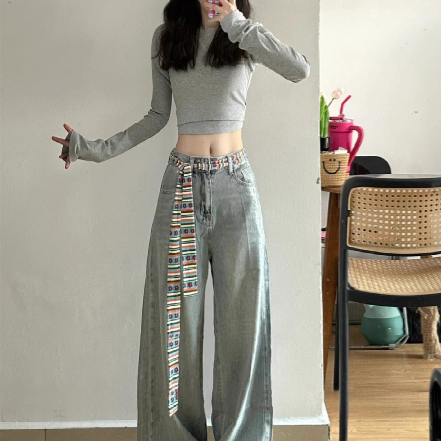 高街复古彩色拼接丝巾腰带女款牛仔裤腰间裤链百搭长条腰链配饰