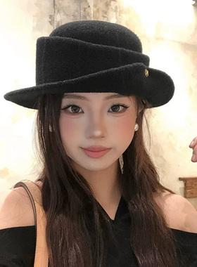 法式赫本风优雅黑色礼帽女