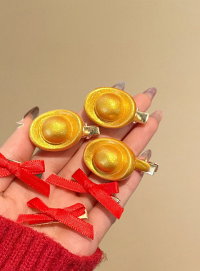 新年红色蝴蝶结元宝发夹女新款