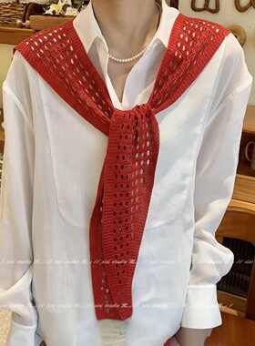 春夏红色针织镂空披肩女