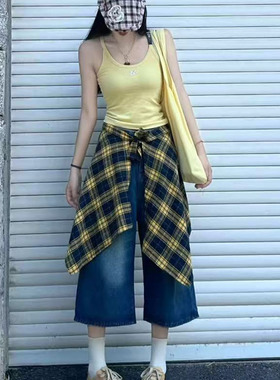 日系简约黄色格子屁帘女