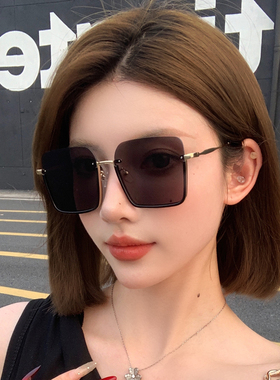 女款白色半框防晒墨镜方形圆脸显瘦防紫外线个性时尚太阳镜高级感