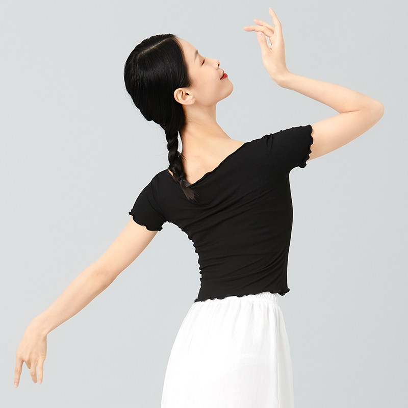 舞蹈服上衣女短袖白色现代舞练功服成人芭蕾舞夏季形体服装舞蹈裤