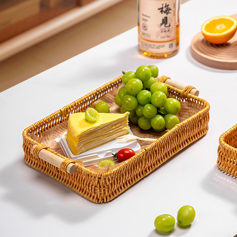藤编果盘家用客厅水果盘零食摆放托盘蛋糕面包展示筐馒头收纳篮子