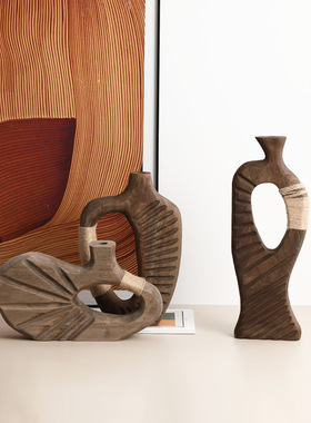 新中式侘寂抽象艺术木影干花器
