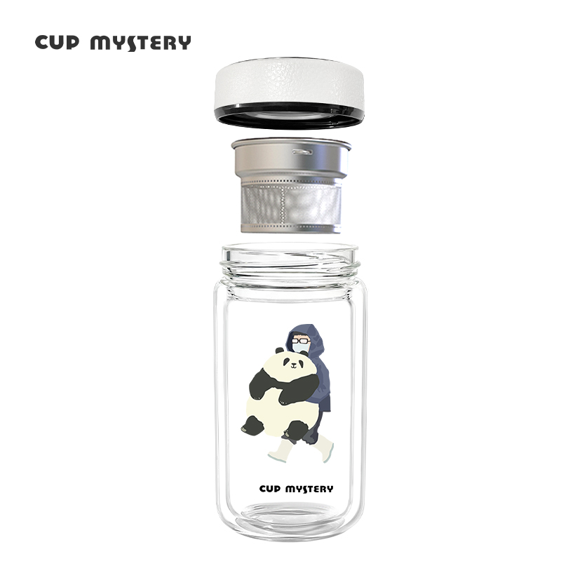 美国CUPMYSTERY玻璃杯水杯女熊猫花花双层茶杯男生分离办公商务杯