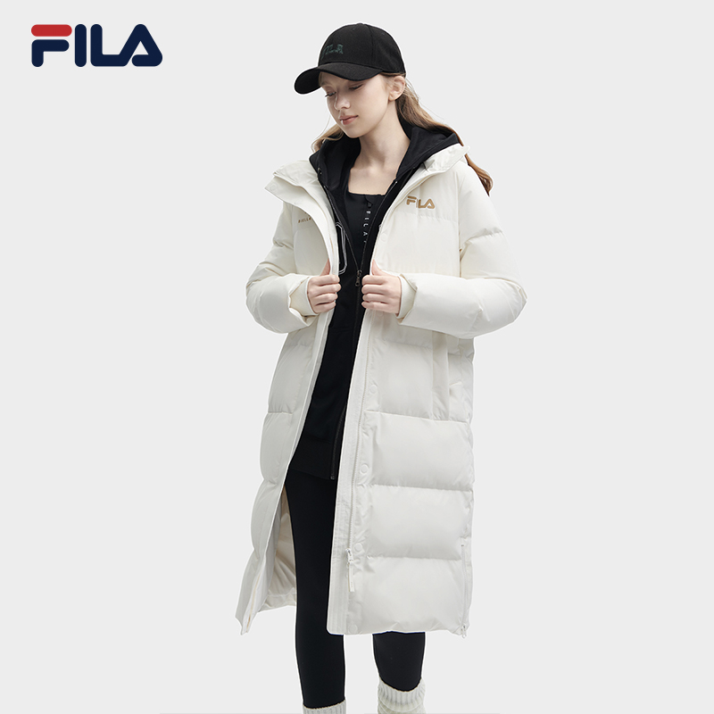 FILA 斐乐官方女士长款羽绒服2023冬季新款休闲基础简约连帽上衣