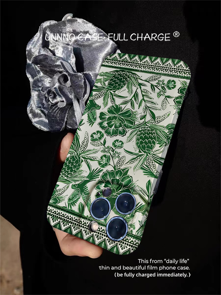 绿色菠萝花iPhone15ProMax手机壳原创液态软壳苹果13/14Plus新款华为高级全包发财涂鸦X不撞款男女情侣保护壳 - 图1