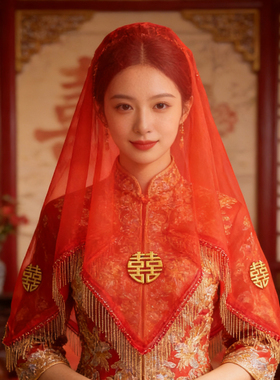 中式复古红色新娘结婚红盖头纱