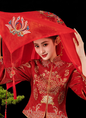 高级感刺绣秀禾服明制透明红盖头