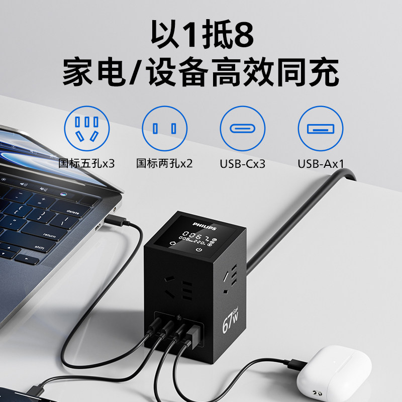 飞利浦一转多氮化镓插排拖插线板插板桌面充电站器插座USB多功能,淘宝优惠券,粉丝福利购,淘宝优惠卷