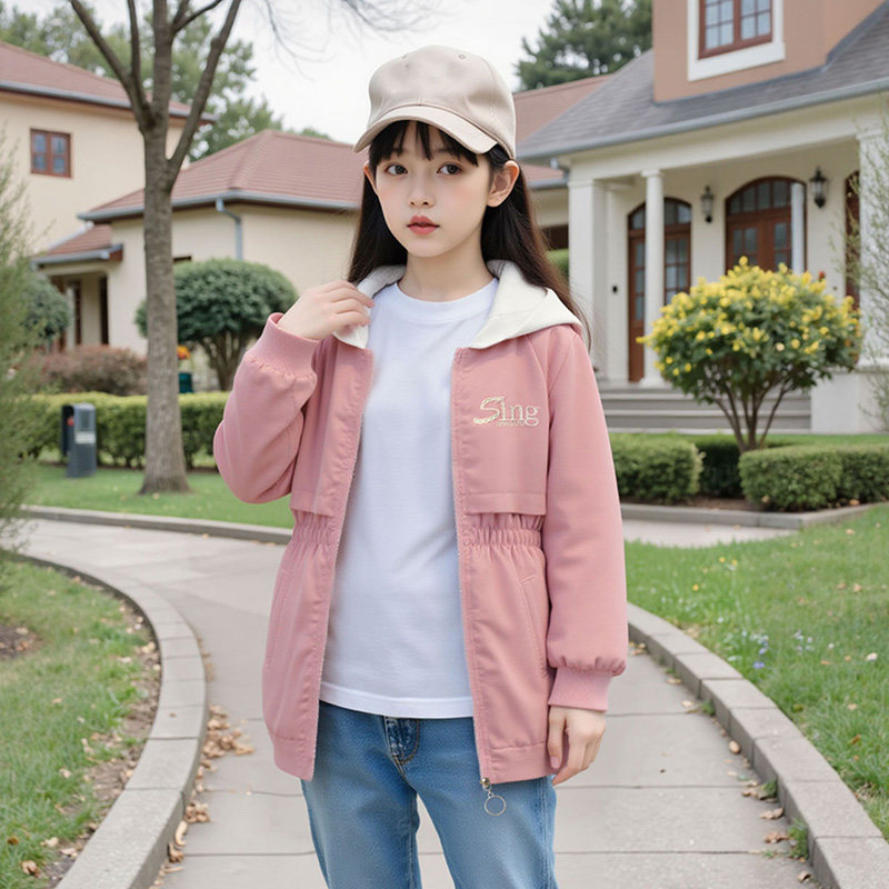 女童红色春装连帽外套2026短款潮牌风衣中大童春秋宽松儿童上衣服,淘宝优惠券,粉丝福利购,淘宝优惠卷