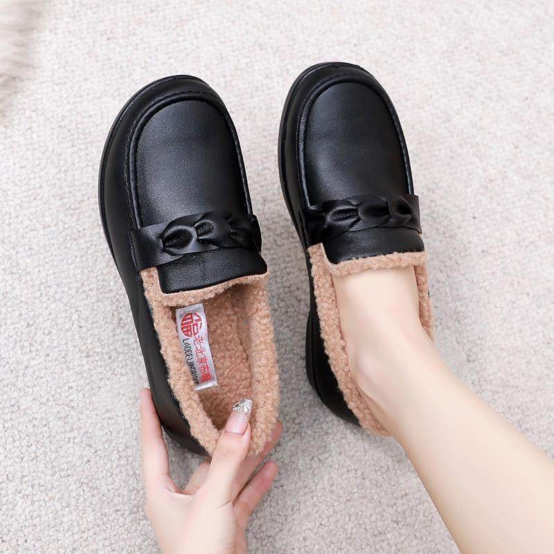 冬季女鞋加绒保暖乐福鞋一脚蹬皮面百搭时尚黑色上班工作豆豆棉鞋,淘宝优惠券,粉丝福利购,淘宝优惠卷