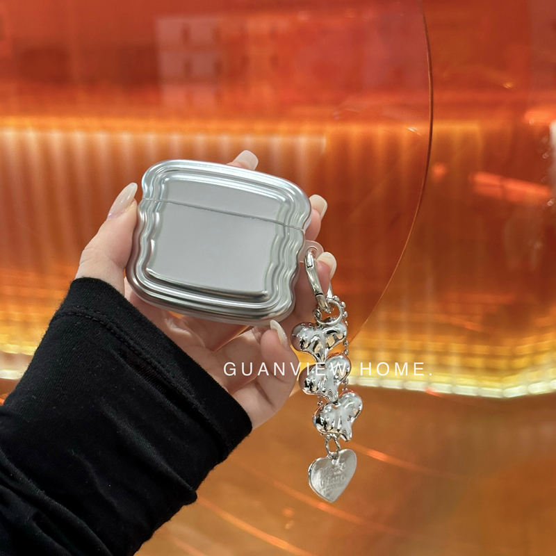 guanview 小众高级感电镀银色爱心挂件适用airpods pro耳机壳1/2代苹果无线蓝牙pro2代保护套3代软硅胶防摔潮