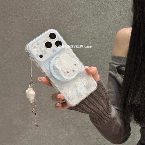 guanview 冬日ins可爱雪花米菲兔摇摇乐磁吸支架适用iphone17promax苹果16pro手机壳带链条15/14双层13防摔套 - 图1