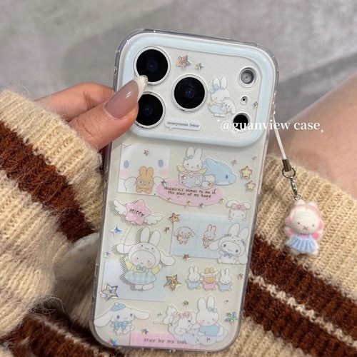 guanview ins可爱玉桂狗米菲兔植绒挂件适用iphone17promax苹果16pro手机壳15/14鎏金双层硅胶13防摔17保护套 - 图2