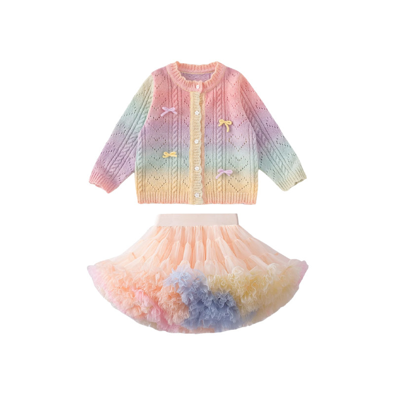 女童春季新款tutu裙套装女宝宝彩虹渐变蝴蝶结针织衫彩虹色凸凸裙,淘宝优惠券,粉丝福利购,淘宝优惠卷