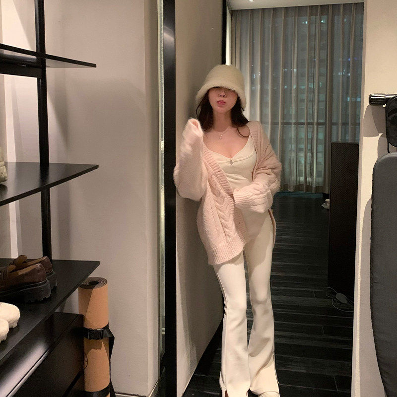 Lukira【柔柔心动】粉色麻花毛衣开衫外套女秋冬宽松慵懒针织上衣,淘宝优惠券,粉丝福利购,淘宝优惠卷